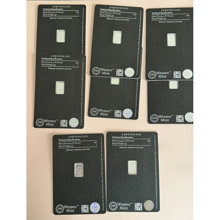 1g 999 Solid Silver Bar - The Wessex Mint Blister Packs - choose from below