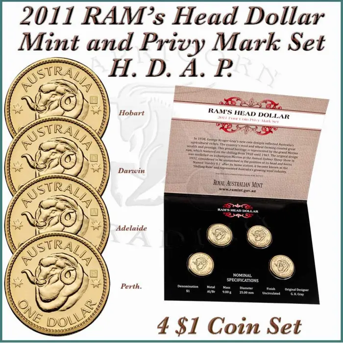 2011 RAM's Head Dollar. 2 X 4 COIN $1 SETS PRIVY MARKS C B S M A D P H