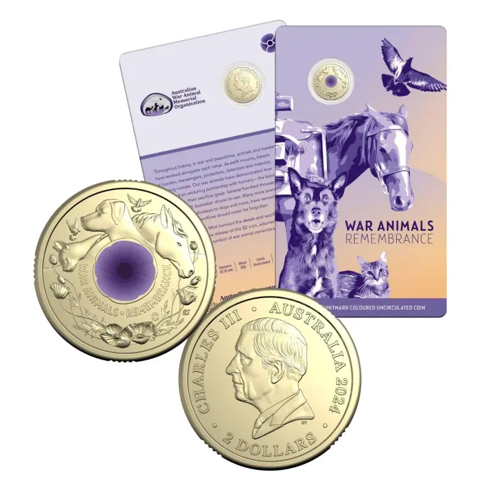 2024 WAR ANIMALS REMEMBRANCE $2 'C' MINTMARK COLOURED COIN ON CARD 
