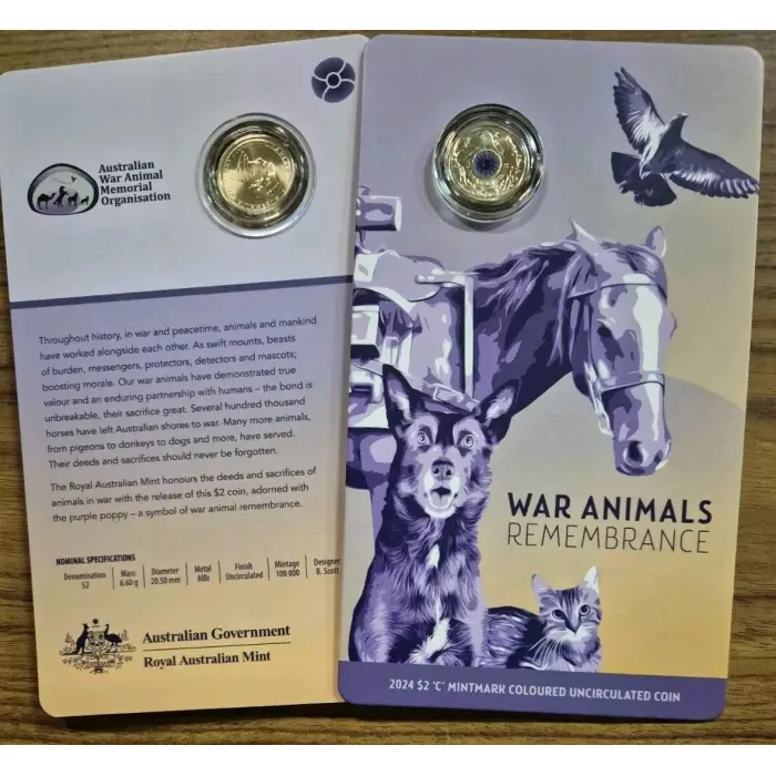 2024 WAR ANIMALS REMEMBRANCE $2 'C' MINTMARK COLOURED COIN ON CARD 