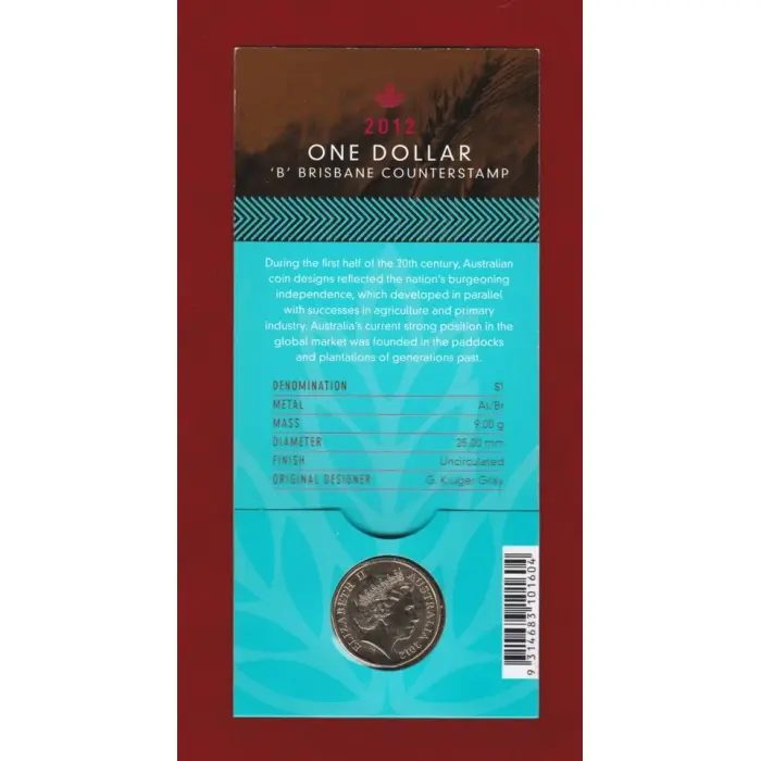 2012 Wheat Sheaf Dollar $1 Unc Coin 'B' Brisbane Counterstamp
