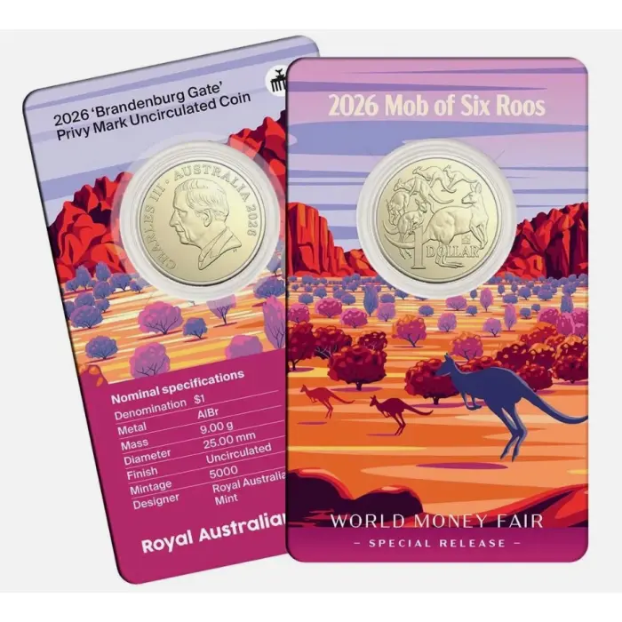 2026 $1 UNC CARDED COIN "2026 MOB OF SIX ROOS WORLD MONEY FAIR"