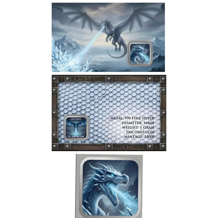 Ice Dragon 1g .999 Coloured Square Fine Silver Collectable
