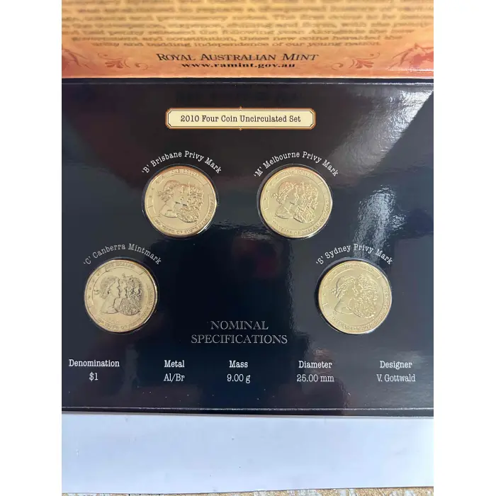 100 Years of Australian Coinage. 2 x 4 Coin $1 Sets Privy Marks C B S M A D P H