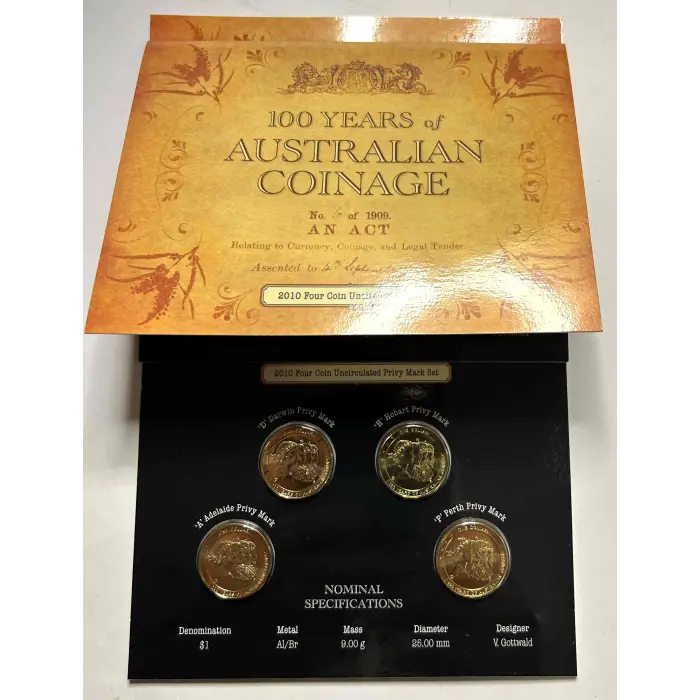 100 Years of Australian Coinage. 2 x 4 Coin $1 Sets Privy Marks C B S M A D P H