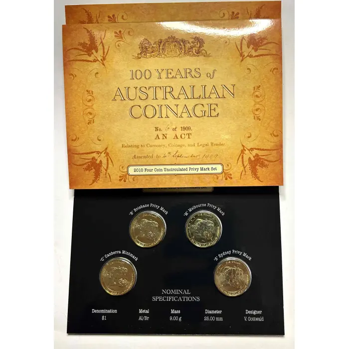 100 Years of Australian Coinage. 2 x 4 Coin $1 Sets Privy Marks C B S M A D P H