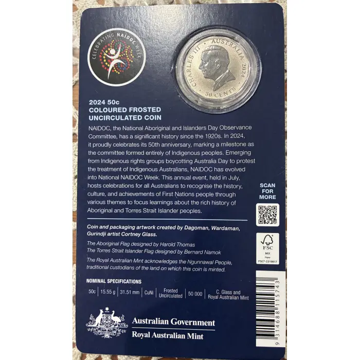 2024 FIFTY YEARS OF NAIDOC COMMITTEE 50c COLOURED FROSTED UNCIRC CARDED COIN 