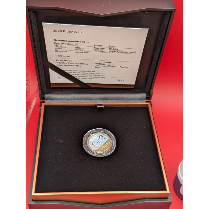 Bluey 2026 $2 Coloured Proof Coin - AlBr Bronze Coin (Low CoA #1837 of 10,500!)
