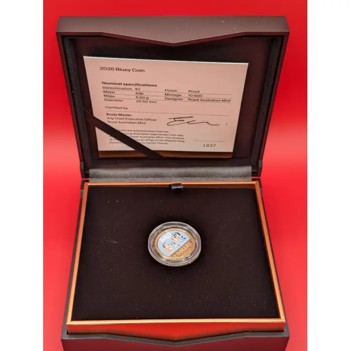 Bluey 2026 $2 Coloured Proof Coin - AlBr Bronze Coin (Low CoA #1837 of 10,500!)