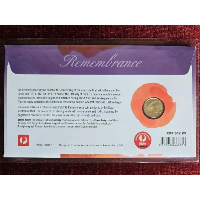 2014 $2 Remembrance Day Green Dove PNC Mintage 14,500