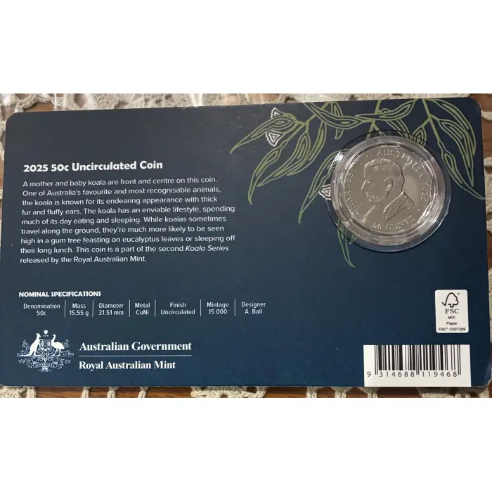 2025 KOALA SERIES -A  MOTHER & BABY KOALA  SITTING ON A BRANCH 50c CARDED COIN 