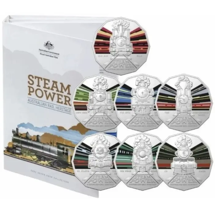 2022 STEAM POWER TRAIN SET OF 7 X 50c CENTS COLOURED COINS WITH FOLDER FREE POST