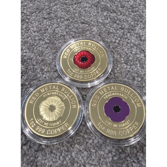 Trio of poppies 3 x 1oz gold plated copper red poppy purple poppy plain poppy