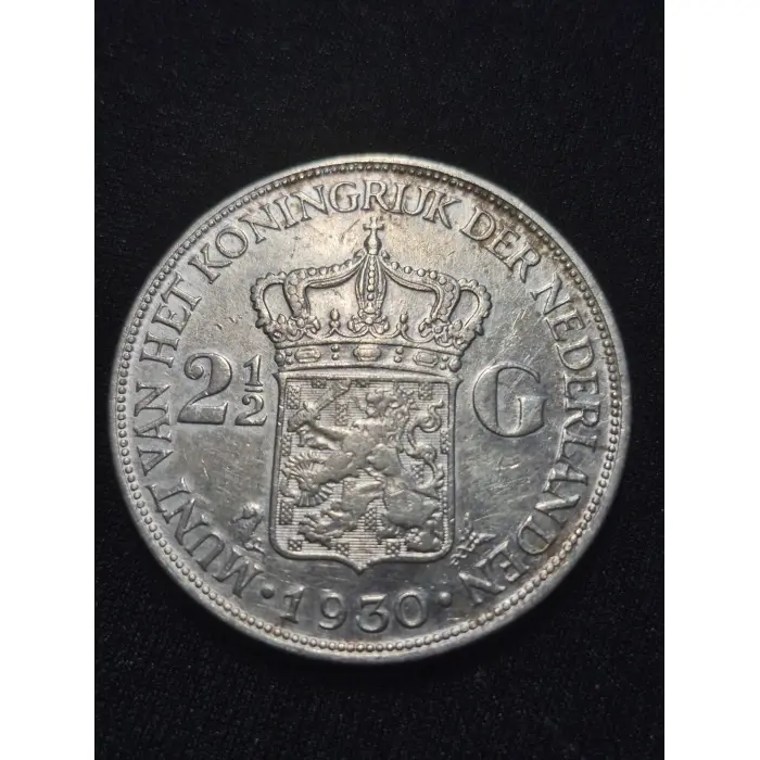 1930 Netherlands Silver 2 1/2 Gulden Coin - Queen Wilhelmina - Large 38mm