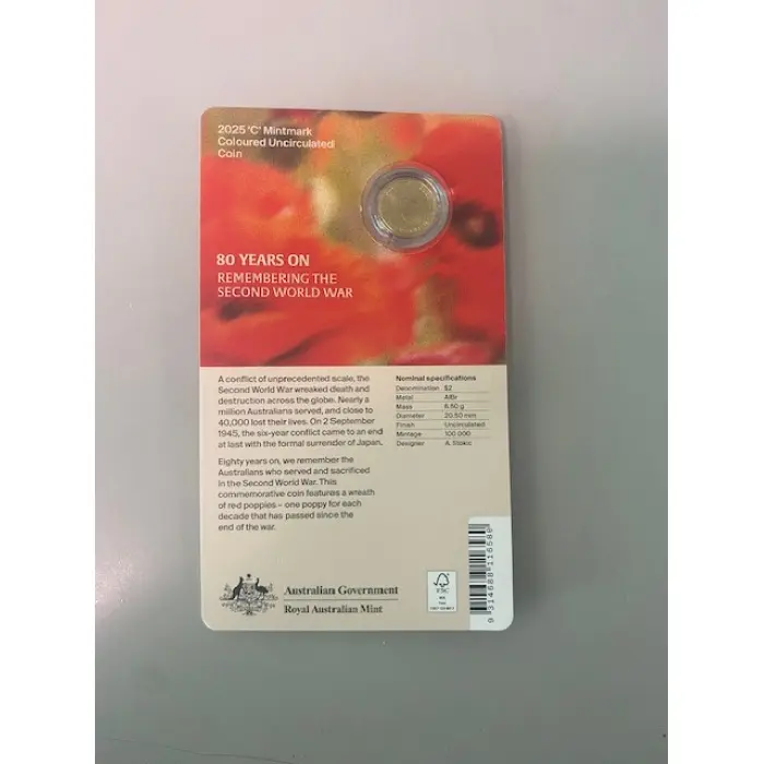 2025 $2 80 Years On Remembering the Second World War “C” Mintmark Coloured Coin