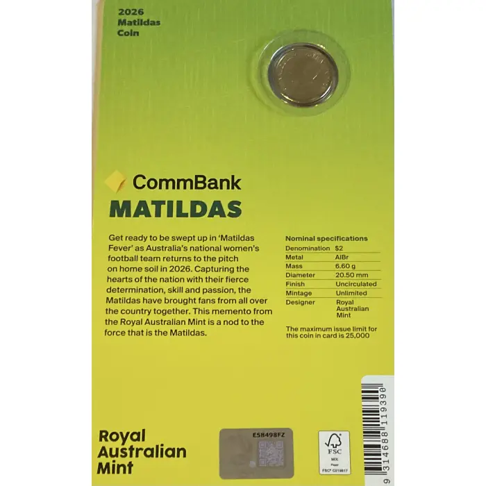 2026 $2 MATILDAS UNCIRCULATED COLOURED CARDED COIN