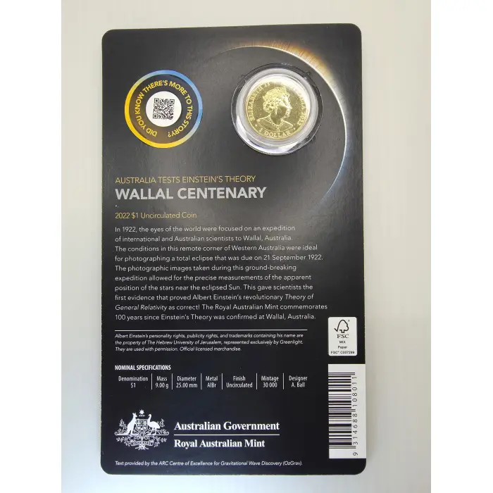 2022 RAM $1 Unc Coin on card Wallal Centenary Australia Tests Einstein's Theory