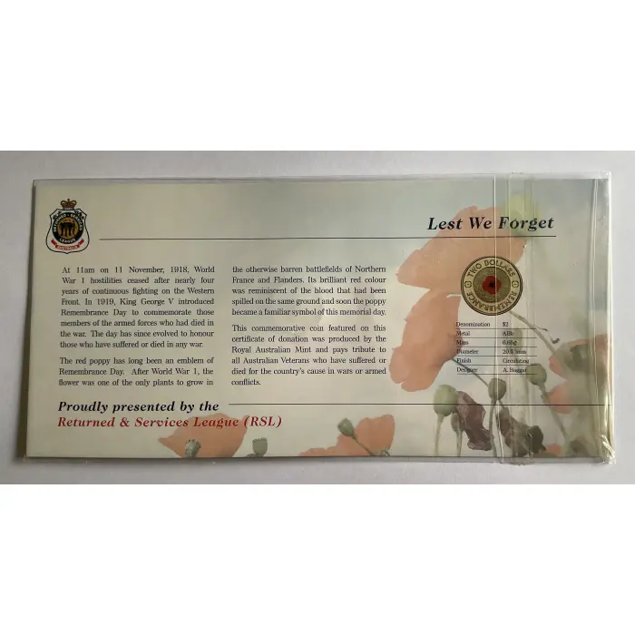 2012 RAM ‘RED POPPY’ $2 UNC COIN ON RSL CARD