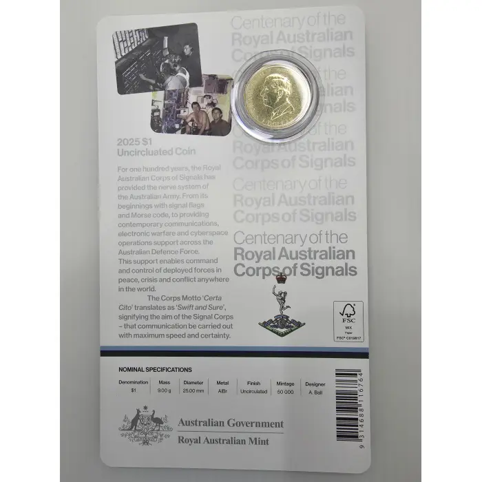 2025 $1 Centenary of the Royal Australian Corps of Signals UNC Coin in Card