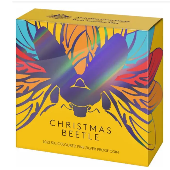 2022 50 CENT COLOURED FINE SILVER PROOF COIN - CHRISTMAS BEATLE -IN CASE AND BOX