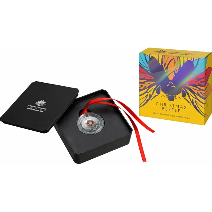 2022 50 CENT COLOURED FINE SILVER PROOF COIN - CHRISTMAS BEATLE -IN CASE AND BOX