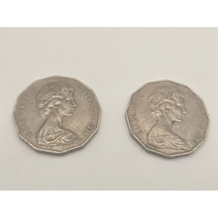 2 x 50 cent Double Bar Error Coins 1979 1980