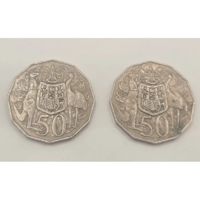 2 x 50 cent Double Bar Error Coins 1979 1980