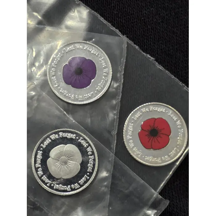 Trio of poppies 3 x 1g 999 fine silver rounds red poppy purple poppy plain poppy