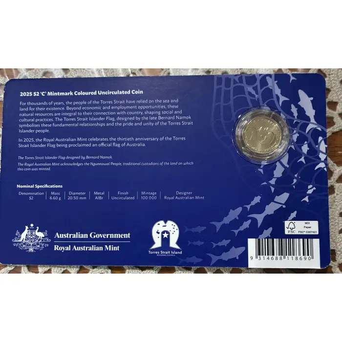 2025 ISLANDER PEOPLE, ISLANDER FLAG $2 ‘C’ MINTMARK COLOURED UNCIRC CARDED COIN