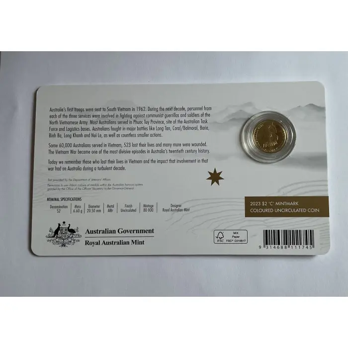 2023 $2 VIETNAM WAR ‘C’ MINT MARK - UNC CARDED COIN