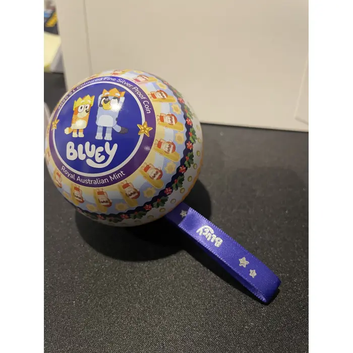2025 bluey Christmas 1silver $1 proof Coin in display bauble coloured tin 