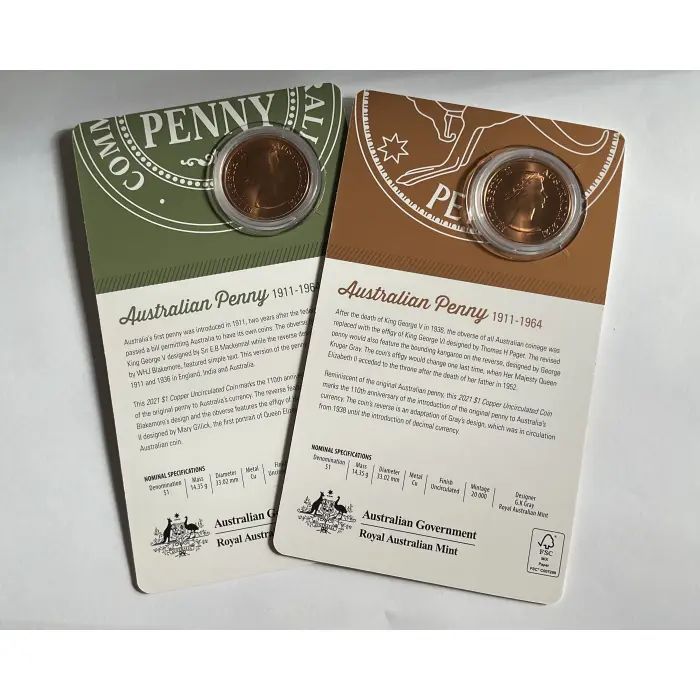 2021 $1 Australian Pennies 1911-1964 Copper UNC 2 Coin Set