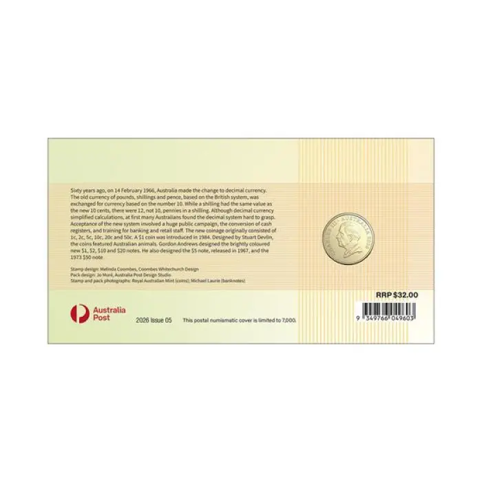 2026 60TH ANNIVERSARY OF DECIMAL CURRENCY POSTAL NUMISMATIC COVER (PNC) 