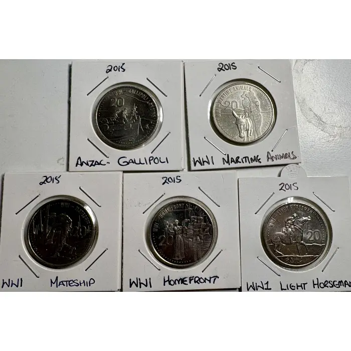 2015 Aust WWI Wartime Anzac Remembered Series X 5 Coins In Exc Light Circ Cond