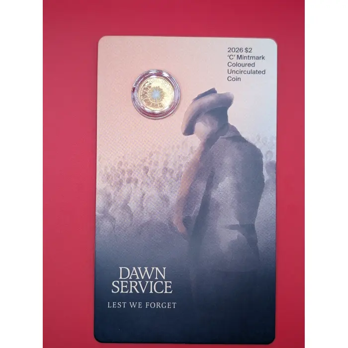 2026 $2 “C” Mintmark Dawn Service Coloured Uncirculated Coin on Large Card