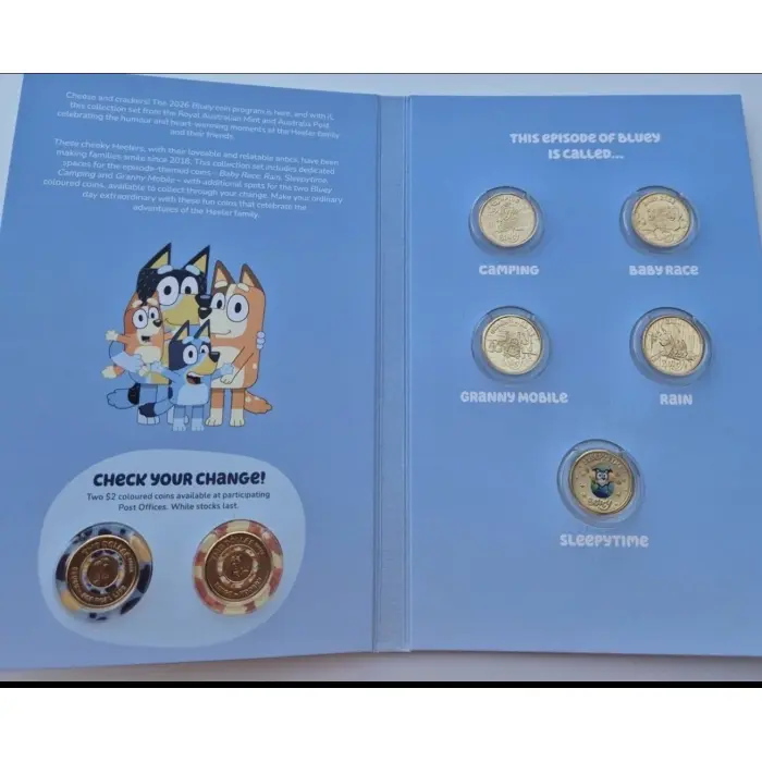 2026 BLUEY $2 WITH RARE COLOUR 'SLEEPYTIME' COMPLETE SET OF 7 COINS IN FOLDER