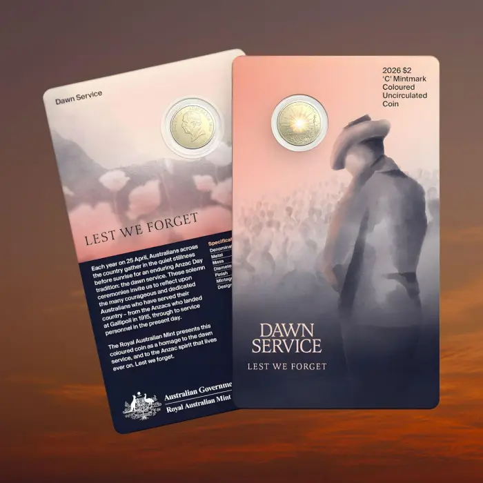 2026 LEST WE FORGET: DAWN SERVICE $2 'C' MINTMARK COLOURED COIN ON CARD