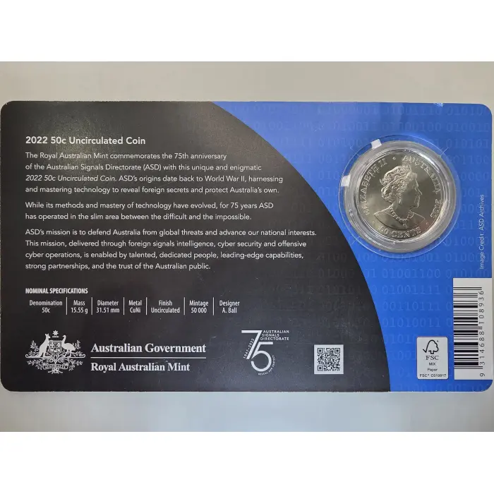 2022 75th Anniversary Australian Signals Directorate Reveal & Protect 50c