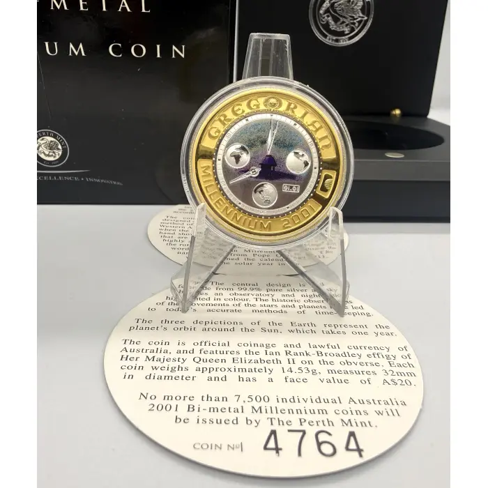 2001 Perth Mint Gregorian Millennium $20 Bi-Metal Gold & Silver Proof Coin