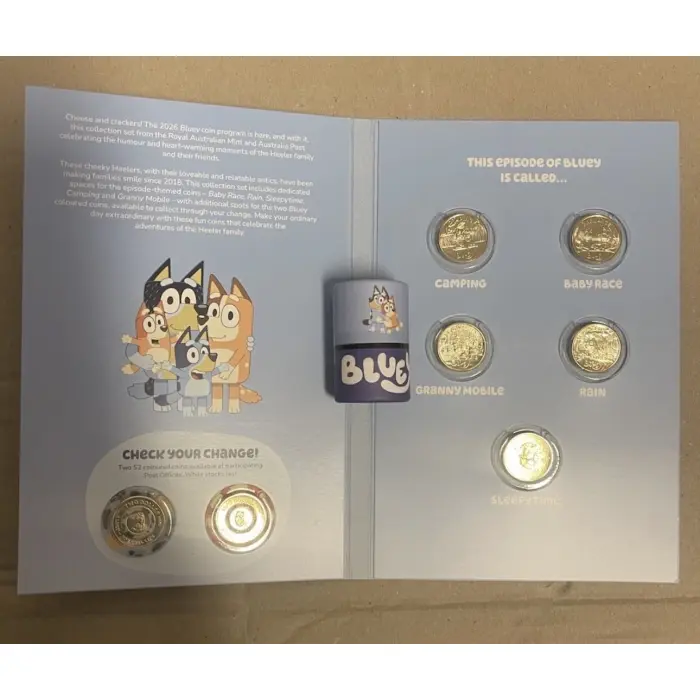 2026 Bluey FULL set $2 5-Coin Set + 2*$2 Colour Till coin + Offical Folder