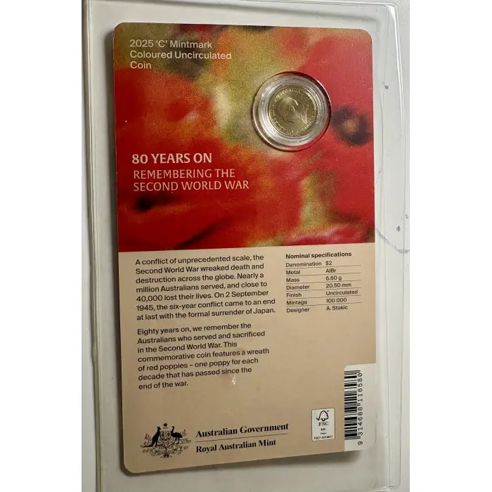 2025 Remembrance 80th Anniversary of WWII $2 Red Poppy C MINT Carded In Hand