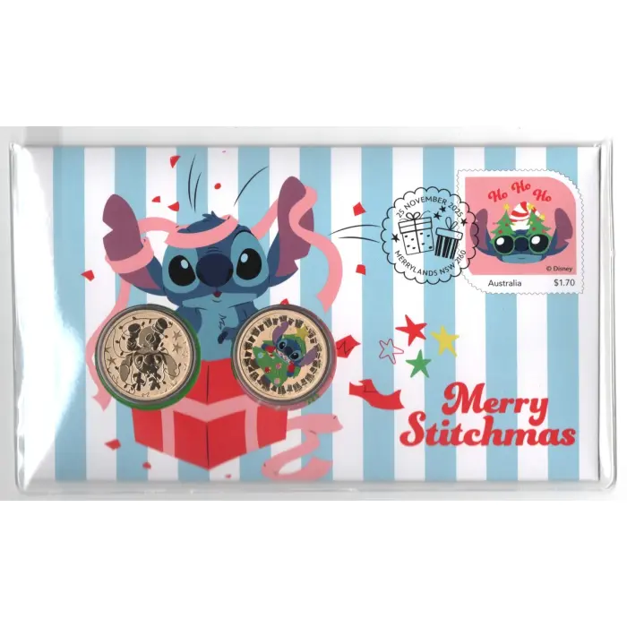 2025 Australia PNC Merry Christmas/Stitchmas $1 Stitch Coin & $1 Coloured Coin