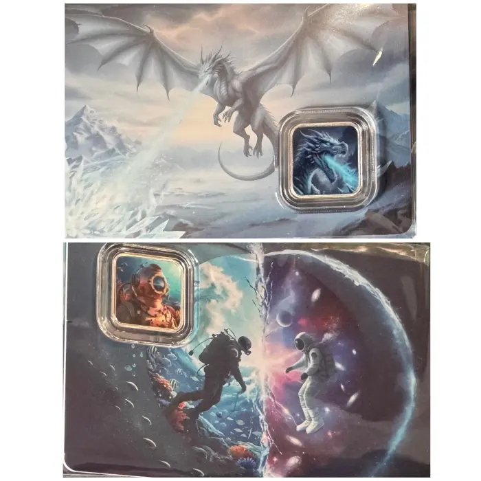 ICE DRAGON And OCEAN AND SPACE 1G 999 COLOURED SQUARE FINESILVER COLLECTABLEs