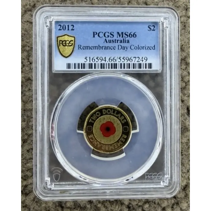2012 $2 Remembrance Day Coloured Coin PCGS MS66