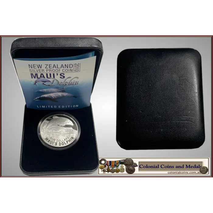 NZ. 2010 $5 Silver Proof Coin 'Maui's Dolphin' Limited Edition