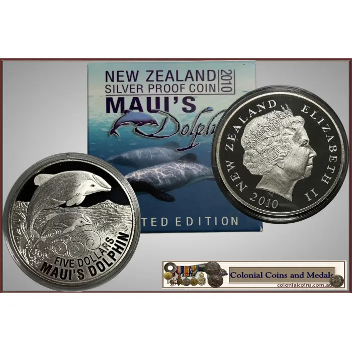 NZ. 2010 $5 Silver Proof Coin 'Maui's Dolphin' Limited Edition