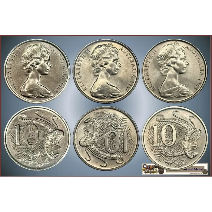 10 Cent 1966, 1967, 1968, Key Date set of 3 all Uncirculate Coins