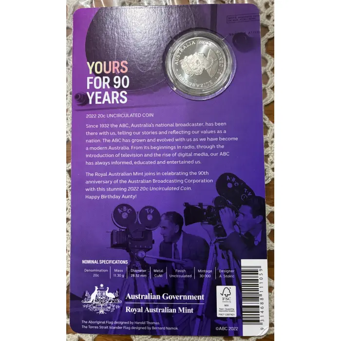 2022 YOURS FOR 90 YEARS ABC 20c UNCIRCULATED CARDED COIN