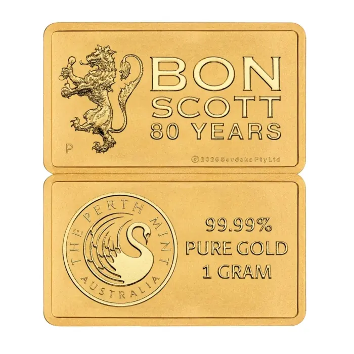 Bon Scott 80th Anniversary 2026 1g Gold Minted Bar 