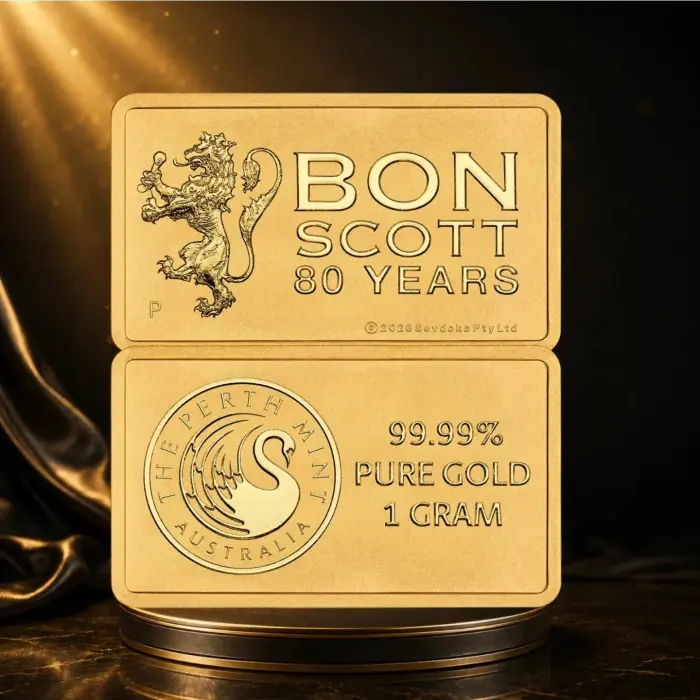Bon Scott 80th Anniversary 2026 1g Gold Minted Bar 